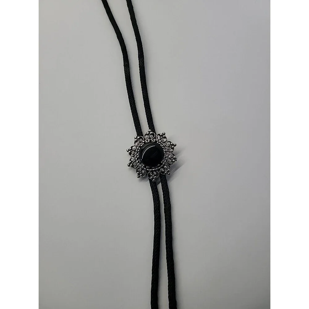 Black Bolo‎ Necklace Silver Tone Filigree Black Cabochon Western Cord Slide